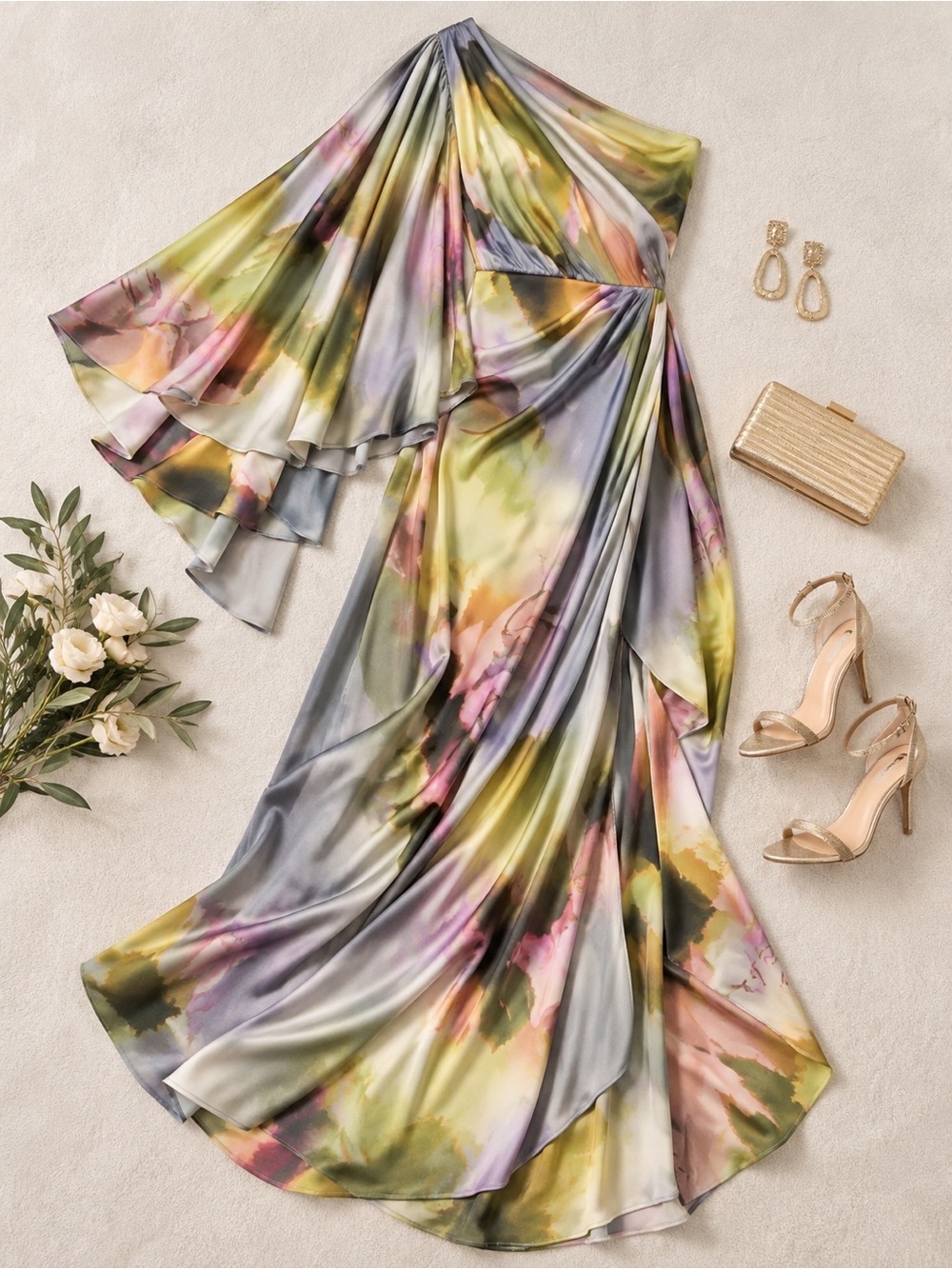 ASOS EDITION Satin One Shoulder Floral Maxi Dress US 6